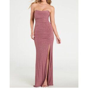 XS Strapless Glitter Slit Maxi Dress- Red Brown